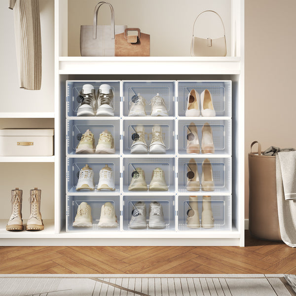 CONCETTA 12/15-Pack Shoe Box Organizer for up to US Size 9, Stackable Plastic Storage Rack for Closet Hallway Bedroom