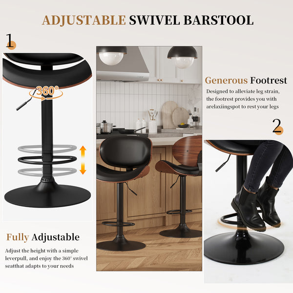 CONCETTA Rotatable Bar Stool Set (2-piece), Adjustable Height Bar Stool, Featuring PU Leather Seat, Ergonomic Backrest and Footrest, With Anti-slip Rubber Base Suitable for Bar