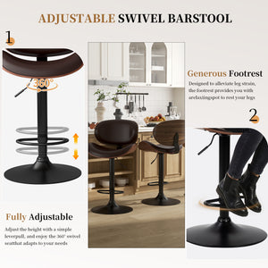 CONCETTA Rotatable Bar Stool Set (2-piece), Adjustable Height Bar Stool, Featuring PU Leather Seat, Ergonomic Backrest and Footrest, With Anti-slip Rubber Base Suitable for Bar