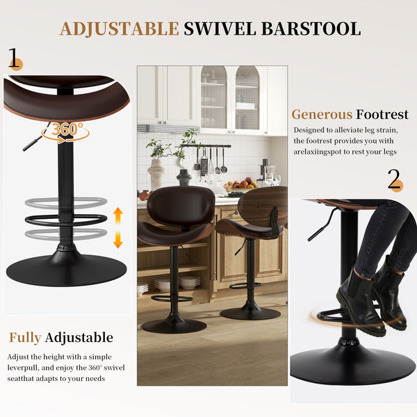 CONCETTA Rotatable Bar Stool Set (2-piece), Adjustable Height Bar Stool, Featuring PU Leather Seat, Ergonomic Backrest and Footrest, With Anti-slip Rubber Base Suitable for Bar