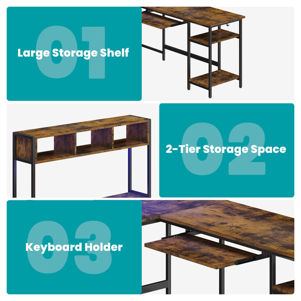 67" Reversible L-Shaped Desk with LED Lights, Power Outlets, Drawer, Keyboard Tray & Hutch