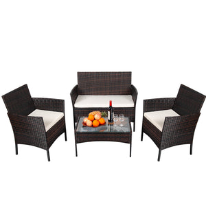 SHOUFTW Wicker Patio Furniture Set with Cushions & Glass Coffee Table, Outdoor Conversation Set for Backyard, Garden, Porch, Stylish & Comfortable