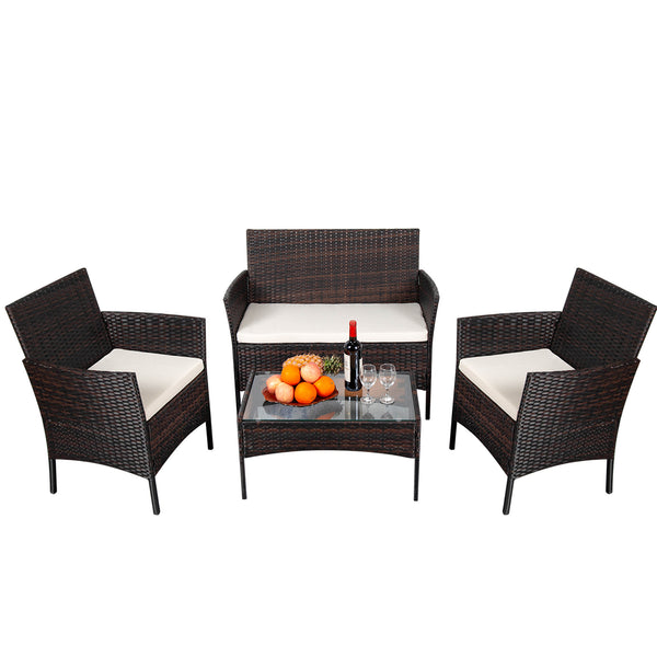 SHOUFTW Wicker Patio Furniture Set with Cushions & Glass Coffee Table, Outdoor Conversation Set for Backyard, Garden, Porch, Stylish & Comfortable