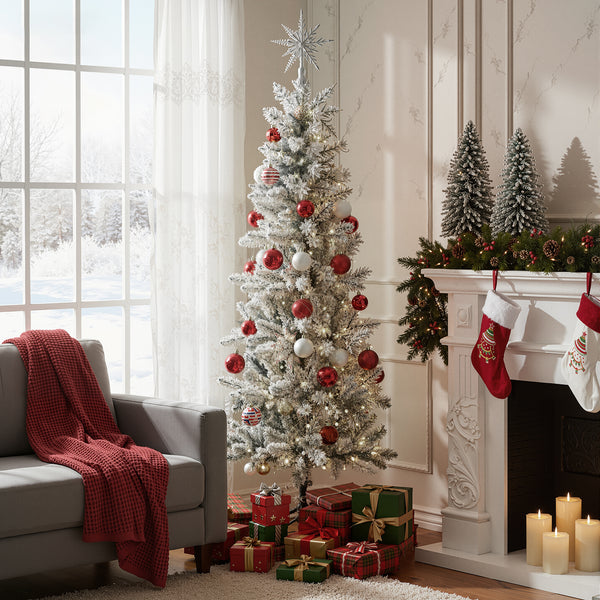 MCQ Flocked Pencil Christmas Tree - Festive Pre-Lit Artificial Decor with Durable Metal Base and lighted