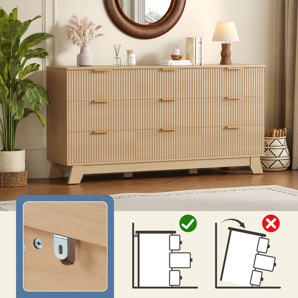 CONCETTA Modern Fluted Dresser for Bedroom, Wide Chest of Drawers with Metal Handles, Wood Storage Organizer for Living Room Bedroom Hallway, Natural Oak