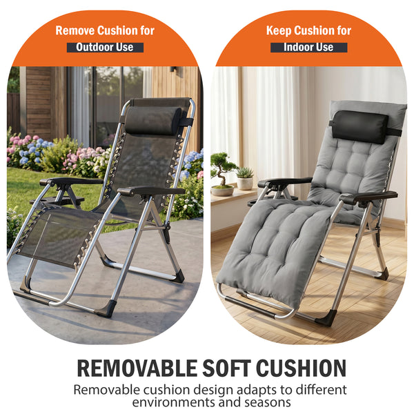 SHOUFTW Padded Zero Gravity Lounge Chair with Detachable Cushion & Side Tray, Folding Reclining Patio Chair, Outdoor Lawn Lounger