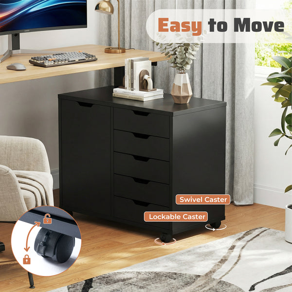 CONCETTA 5-Drawer Wood Storage Cabinet for Office & Home, Mobile Lateral Filing Cabinet, Printer Stand Cabinet with Adjustable Shelf, Wheels with Breaker