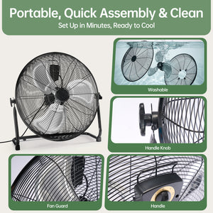 SHOUFTW High Velocity Industrial Floor Fan, 3-Speed Heavy Duty Metal Air Circulator with 120° Tilt Head, Black