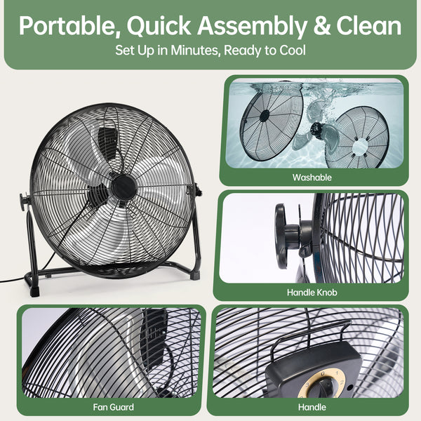 SHOUFTW High Velocity Industrial Floor Fan, 3-Speed Heavy Duty Metal Air Circulator with 120° Tilt Head, Black