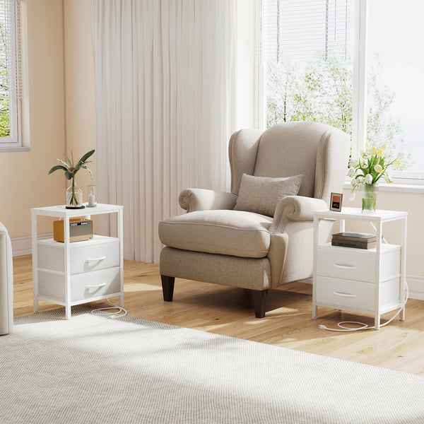 CONCETTA Small Nightstand with Charging Station, 2 Fabric Drawer, End Table with USB Ports and Outlets for Bedroom, Black，Black Brown，Rustic Brown，White