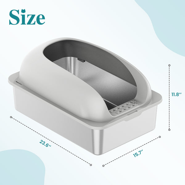 24in Stainless Steel Cat Litter Box with Lid, Large Cat Litter Box for Cats, High Wall Sides, Anti-Urine Leakage, Easy Cleaning, Scoop and Mat Included