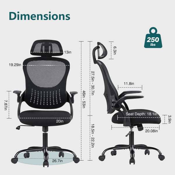 CONCETTA Ergonomic office chair - high back with wheels, adjustable headrest and flip-up armrests for bedroom, study, living room, office