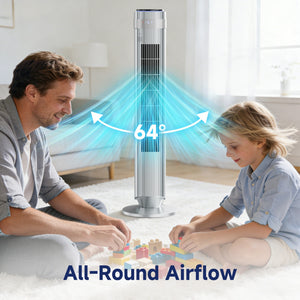 SHOUFTW Tower Fan Standing Bladeless, 23ft/s Velocity Quiet, 64° Oscillating with 5 Speeds, 4 Modes, 12H Timer for Indoor Bedroom