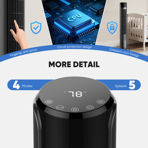 CONCETTA Quiet 36" Tower Fan with Remote, 5 Speeds, 4 Wind Modes, Auto Temp Control, 12H Timer & Wide Oscillation – Ideal for Bedroom or Living Room