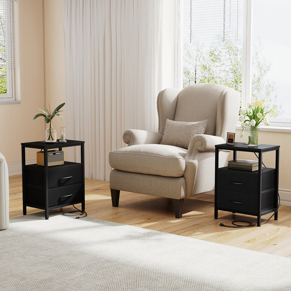 CONCETTA Small Nightstand with Charging Station, 2 Fabric Drawer, End Table with USB Ports and Outlets for Bedroom, Black，Black Brown，Rustic Brown，White