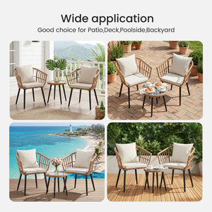 CONCETTA 3 Piece Outdoor Patio Furniture Set, Wicker Bistro Chairs with Glass Top Table for Apartment Balcony, Small Backyard, Porch and Deck