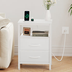 CONCETTA Small Nightstand with Charging Station, 2 Fabric Drawer, End Table with USB Ports and Outlets for Bedroom, Black，Black Brown，Rustic Brown，White