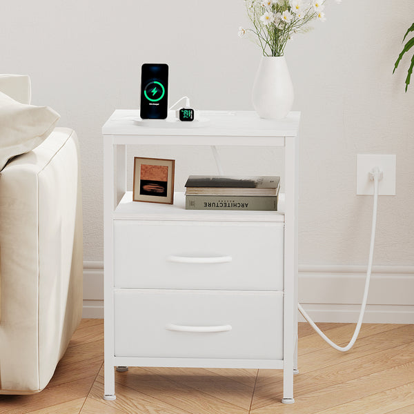 CONCETTA Small Nightstand with Charging Station, 2 Fabric Drawer, End Table with USB Ports and Outlets for Bedroom, Black，Black Brown，Rustic Brown，White