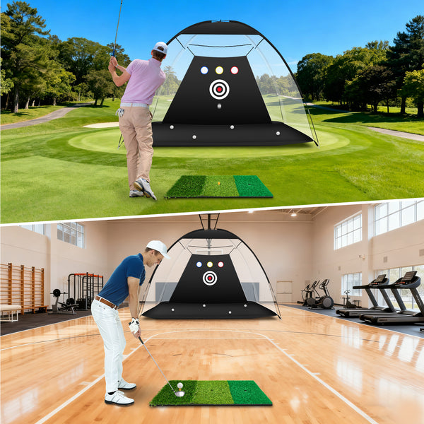 10x7 Ft Golf Practice Hitting Net with Tri-Turf Mat for Indoor Outdoor Use - Real Feel Golf Mats & Portable Golf Net for Garage, Backyard, Driving