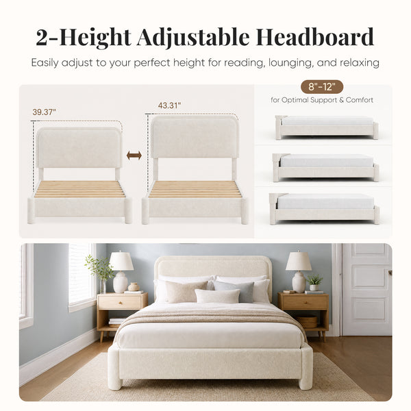 CONCETTA Bed Frame with Boucle Upholstery, Modern Platform Bed with Headboard, Soft Rounded Corners, No Box Spring Needed, Easy Assembly, White