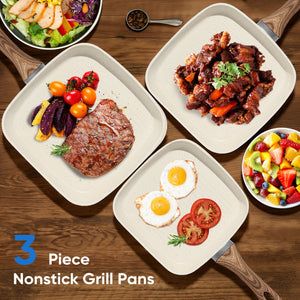 CONCETTA Non-stick Cookware Set, square frying pan, wooden handle, suitable for indoor and outdoor camping and RV cooking, beige and black