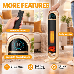 SHOUFTW 1500W Tower Space Heater for Indoor Use, Electric Heater with Static Simulated Flame, 45° Oscillation, Child Lock, Overheat & Tip-Over Safety