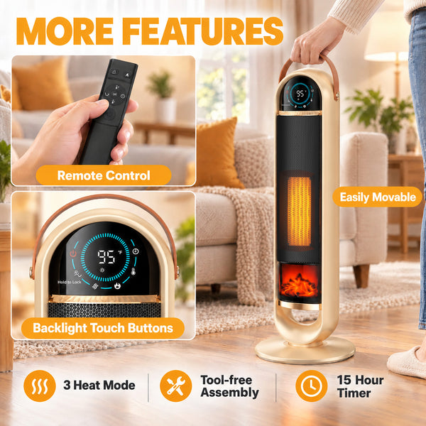 SHOUFTW 1500W Tower Space Heater for Indoor Use, Electric Heater with Static Simulated Flame, 45° Oscillation, Child Lock, Overheat & Tip-Over Safety