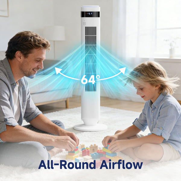 SHOUFTW Tower Fan Standing Bladeless, 23ft/s Velocity Quiet, 64° Oscillating with 5 Speeds, 4 Modes, 12H Timer for Indoor Bedroom