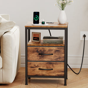 CONCETTA Small Nightstand with Charging Station, 2 Fabric Drawer, End Table with USB Ports and Outlets for Bedroom, Black，Black Brown，Rustic Brown，White