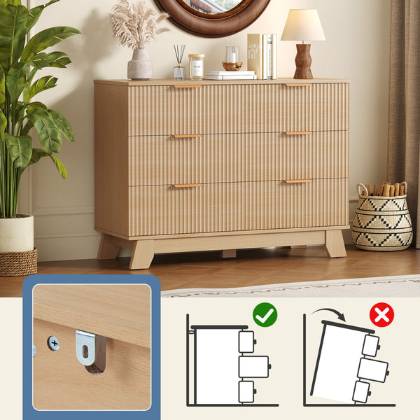 CONCETTA Modern Fluted Dresser for Bedroom, Wide Chest of Drawers with Metal Handles, Wood Storage Organizer for Living Room Bedroom Hallway, Natural Oak