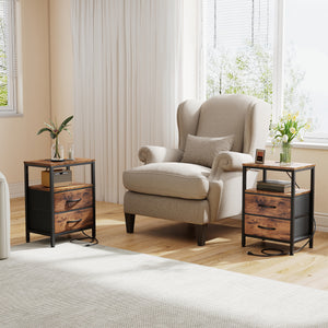 CONCETTA Small Nightstand with Charging Station, 2 Fabric Drawer, End Table with USB Ports and Outlets for Bedroom, Black，Black Brown，Rustic Brown，White