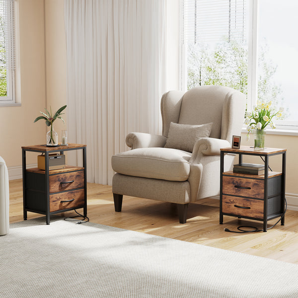 CONCETTA Small Nightstand with Charging Station, 2 Fabric Drawer, End Table with USB Ports and Outlets for Bedroom, Black，Black Brown，Rustic Brown，White