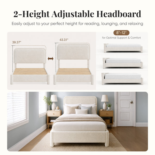 CONCETTA Bed Frame with Boucle Upholstery, Modern Platform Bed with Headboard, Soft Rounded Corners, No Box Spring Needed, Easy Assembly, White