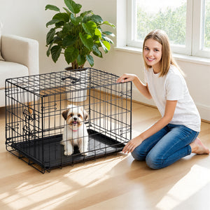 CONCETTA 30Inch Medium Single Door Dog Cage, With Divider Panel and Plastic Leak-Proof Pan Tray, Foldable For Indoor, Outdoor, Travel