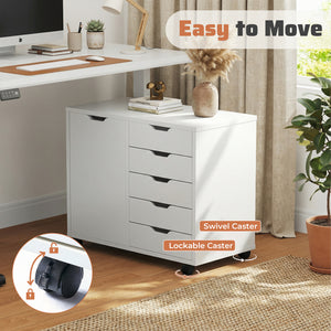 CONCETTA 5-Drawer Wood Storage Cabinet for Office & Home, Mobile Lateral Filing Cabinet, Printer Stand Cabinet with Adjustable Shelf, Wheels with Breaker