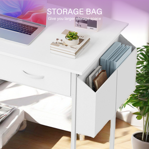 JOINSUN 32/48 Inch Small Desk with Fabric Drawers & Storage Bag Iron Hook, Computer Desk,White Vanity Desk with Storage for Bedroom