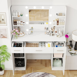 CONCETTA Modern Adult Vanity Desk 1 Piece with Mirror, Power Outlet and Lights, White Table Set