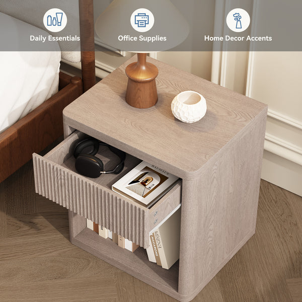 CONCETTA Nightstand with Drawer and Open Shelf, Mid Century Fluted End Table for Bedroom, Living Room and Office