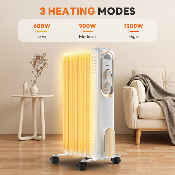 1500W Oil Filled Radiator Heater, Portable Electric Space Heater with Thermostat, Quiet & Safe