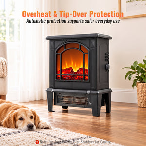 SHOUFTW 18" Freestanding Electric Fireplace Stove, 1400W Space Heater with 3D Realistic Flame, Indoor Fireplace for Bedroom, Living Room, Office, Black
