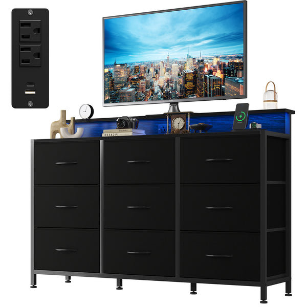 CONCETTA 47-inch TV Stand with RGB LED Lights & UL-Certified Charging Station for Families, 9 Fabric Drawers, Fits up to 55-inch TVs