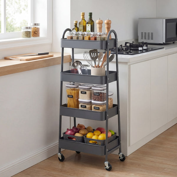 CONCETTA Versatile 4-Tier Metal Utility Cart with Locking Casters, Multi-Scenario Use for Office, Living Room, Kitchen