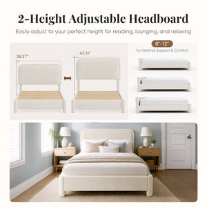 CONCETTA Bed Frame with Boucle Upholstery, Modern Platform Bed with Headboard, Soft Rounded Corners, No Box Spring Needed, Easy Assembly, White