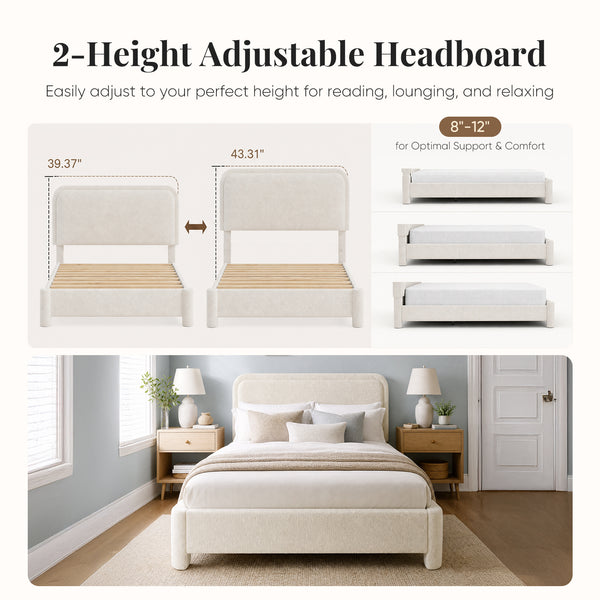 CONCETTA Bed Frame with Boucle Upholstery, Modern Platform Bed with Headboard, Soft Rounded Corners, No Box Spring Needed, Easy Assembly, White