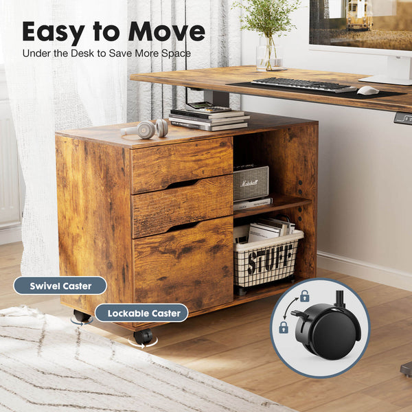 CONCETTA Lateral File Cabinet - with 3 Drawers, Rolling Wooden File Storage Drawer, Black Printer Stand Under Desk Organiser for Office, Home