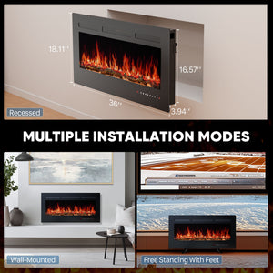 SHOUFTW Electric Fireplace Heater, 5000BTU Recessed Fireplace Insert, Wall‑Mounted & Freestanding for Indoor Living Room Bedroom Office Decor