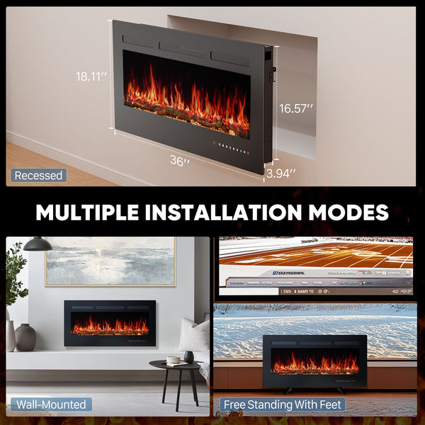 SHOUFTW Electric Fireplace Heater, 5000BTU Recessed Fireplace Insert, Wall‑Mounted & Freestanding for Indoor Living Room Bedroom Office Decor