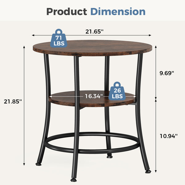 CONCETTA 2-Tier Small Round Side Table, Bedside Nightstand with Sturdy 70lbs Top Capacity, End Table for Living Room, Bed Room & Small Spaces