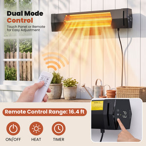 CONCETTA 5000 BTU Wall Mount Infrared Patio Heater, 1500W Outdoor Heater with Remote & 24H Timer, for Patio, Deck, Backyard & Garage,Black