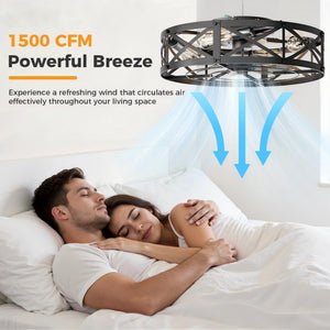 SHOUFTW Bladeless Farmhouse Flush Mount Ceiling Fan with Lights, Remote Control Rustic Low Profile Caged Quiet Fandelier for Bedroom Kitchen